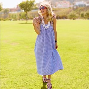 Buru Tie Top Midi dress in Blue Stripe